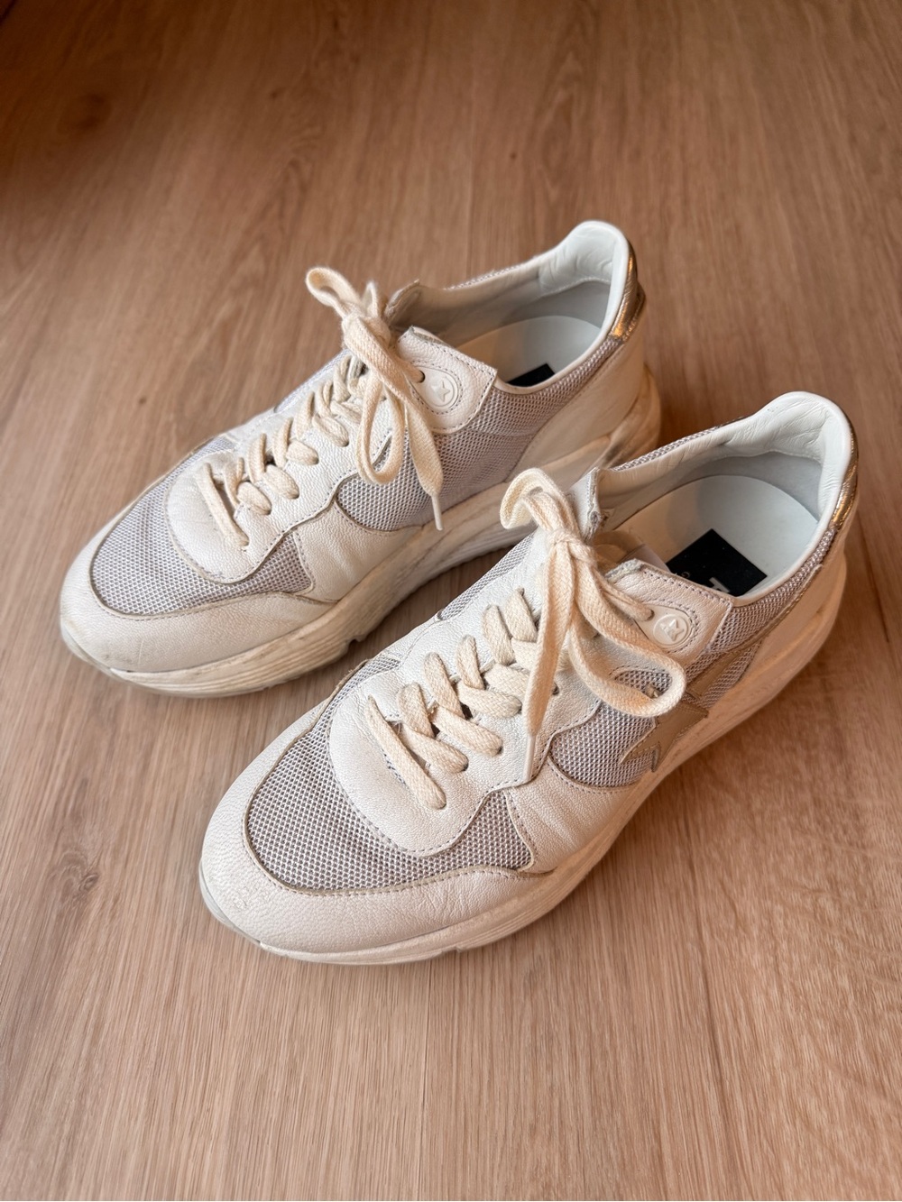 Golden Goose Women's Cream Mesh & Suede Sneakers with Gold Heel